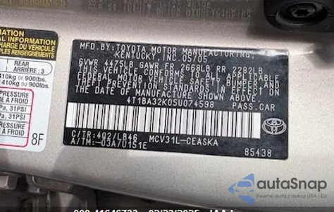 2005 Toyota Camry Se V6 from USA, damaged, VIN 4T1BA32K05U074598